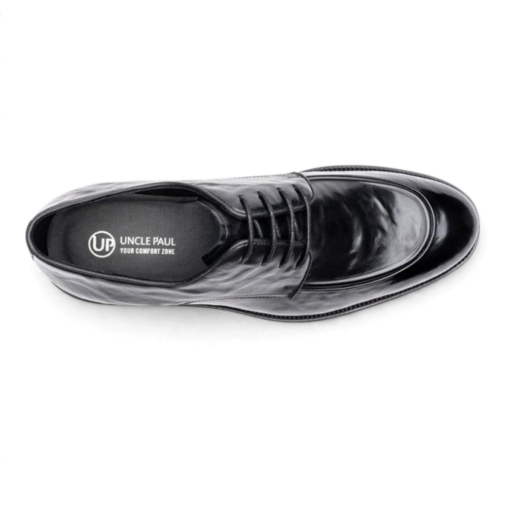 ShoeShop TARGO black leather lace-up dress shoe, top-down view showing sleek silhouette and comfortable insole