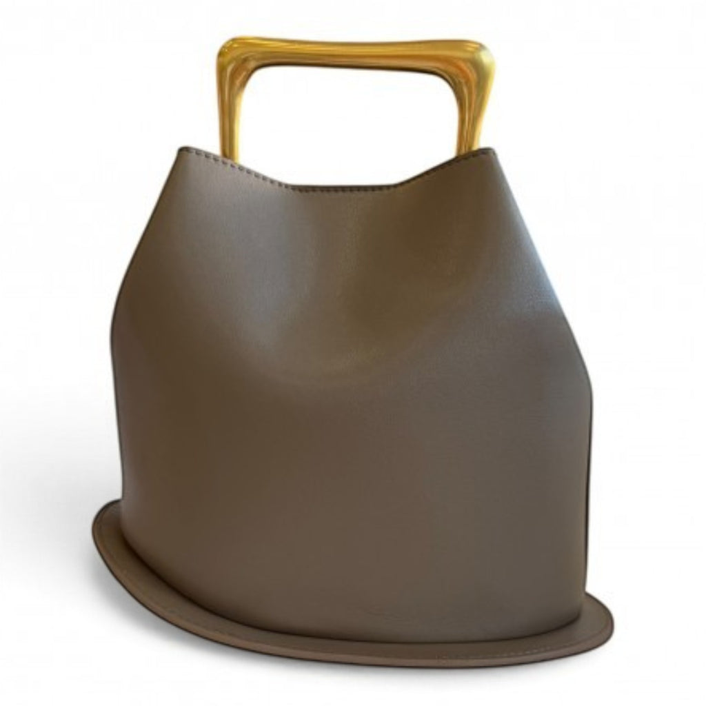 ShoeShop taupe leather handbag with a structured gold-tone metal top handle and minimalist bucket silhouette