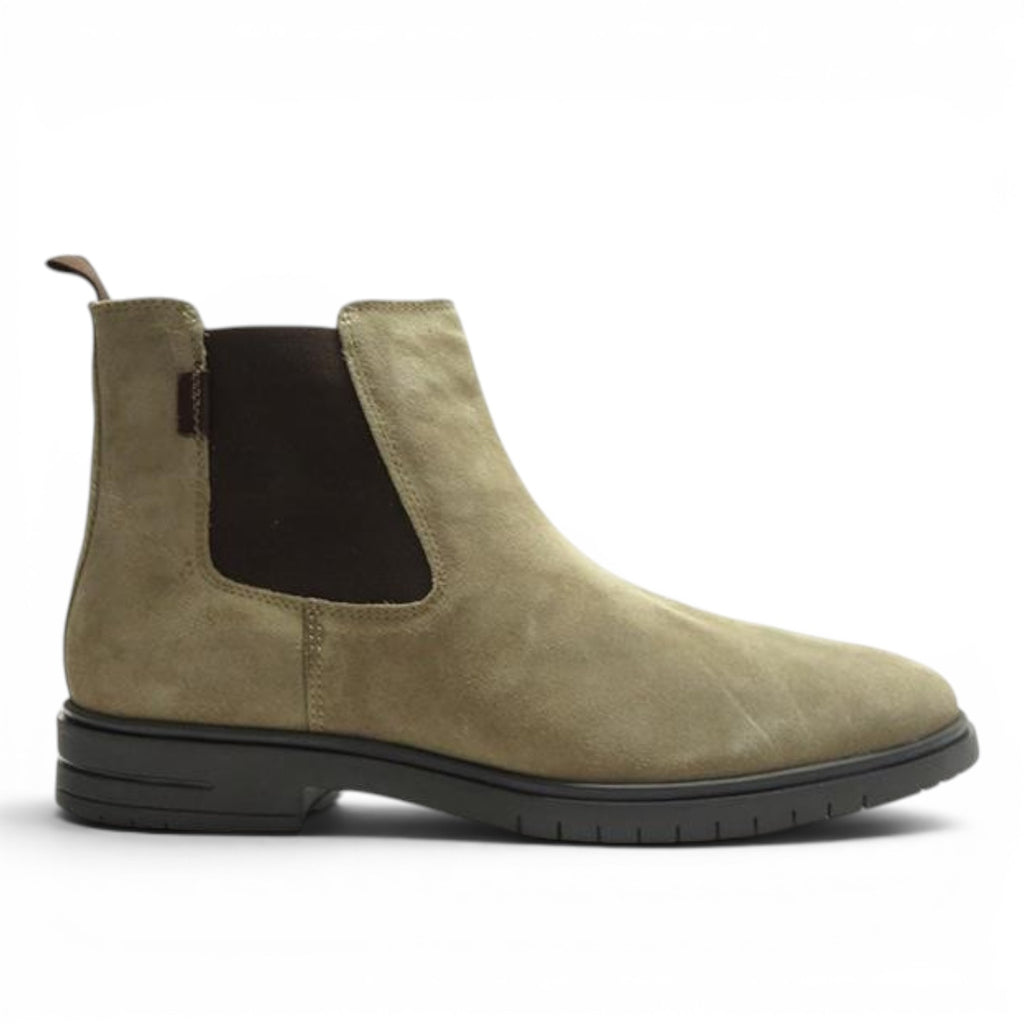 ShoeShop taupe suede Chelsea boots with dark brown elastic side panels and a low block heel.