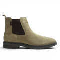 ShoeShop taupe suede Chelsea boots with dark brown elastic side panels and a low block heel.