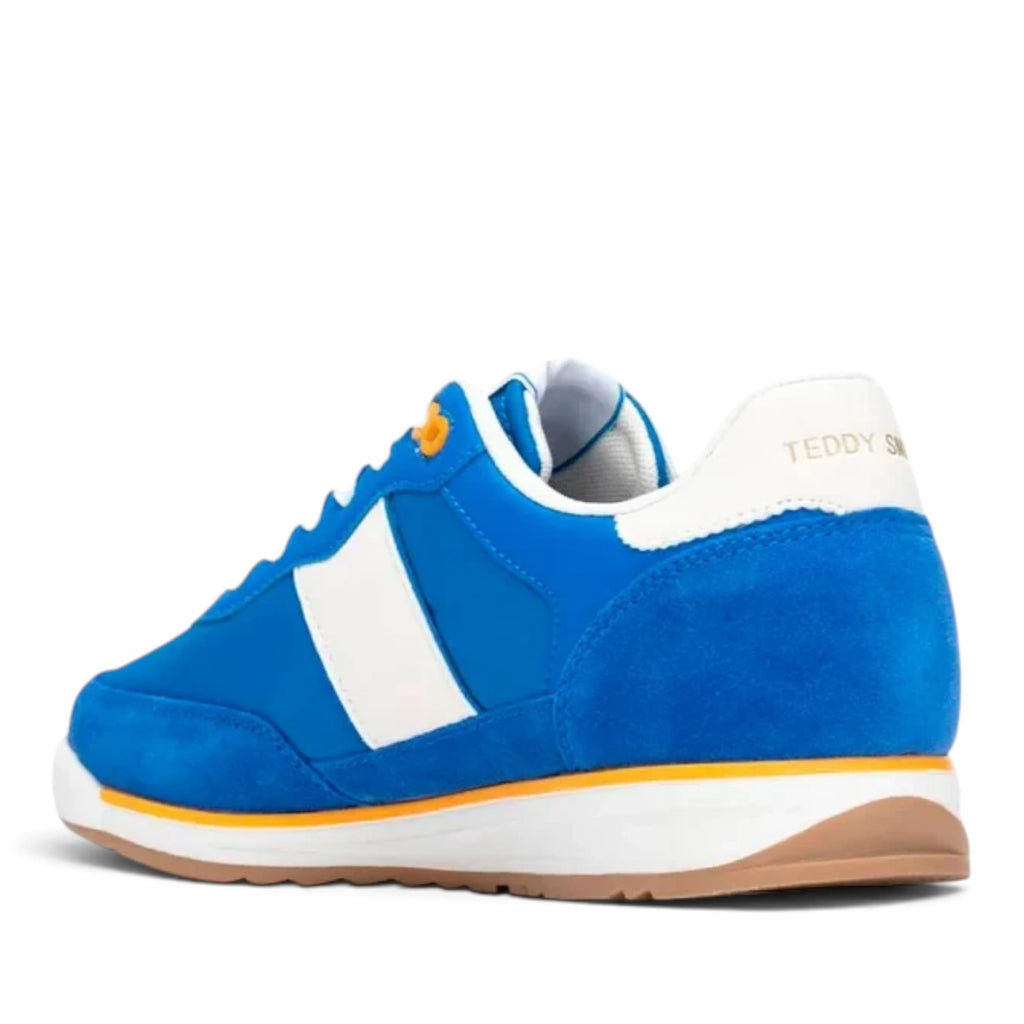 ShoeShop Teddy Smith blue suede and textile sneakers with white side stripes and orange accents, rear view