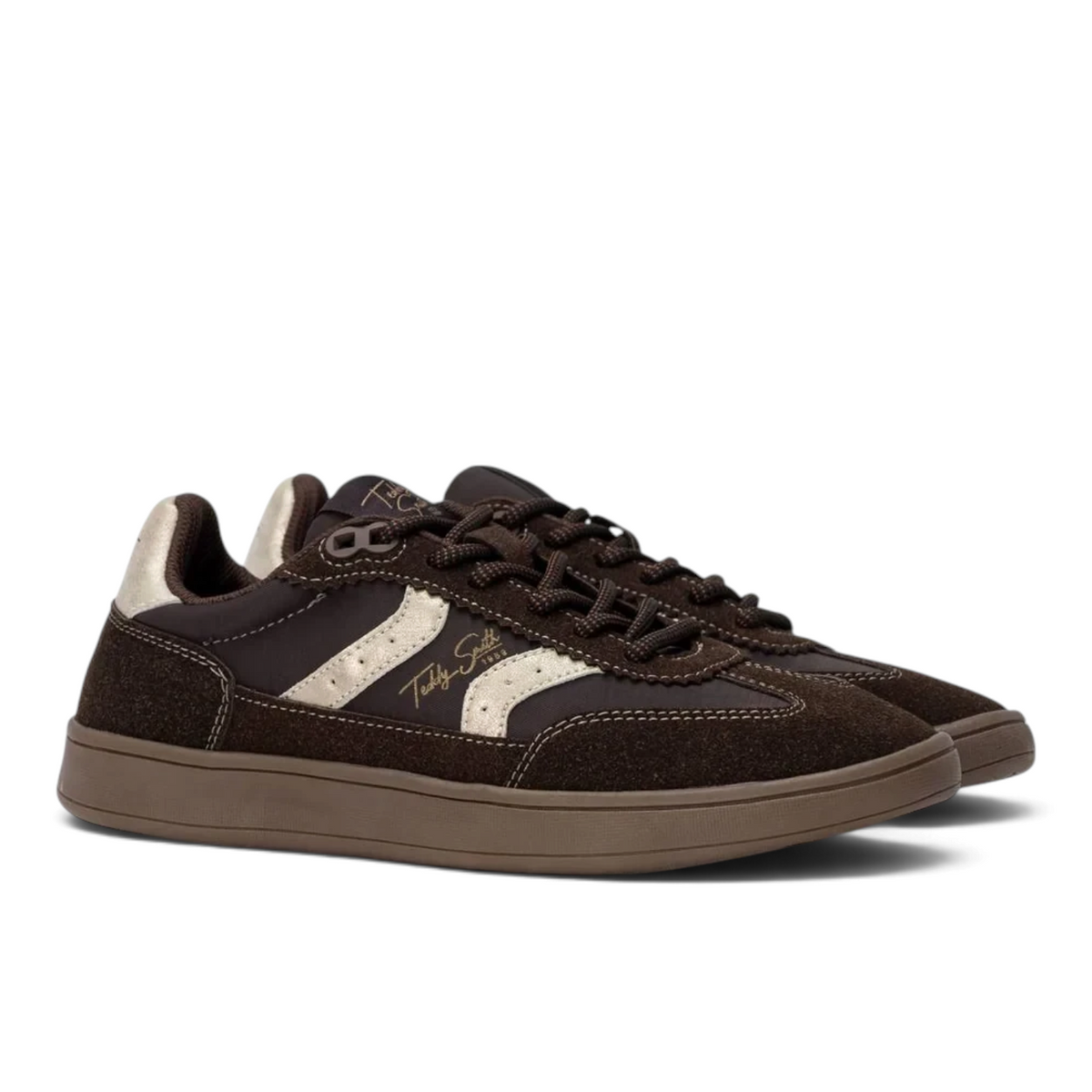 ShoeShop Teddy Smith brown suede and textile sneakers with metallic gold side stripes and flat brown laces