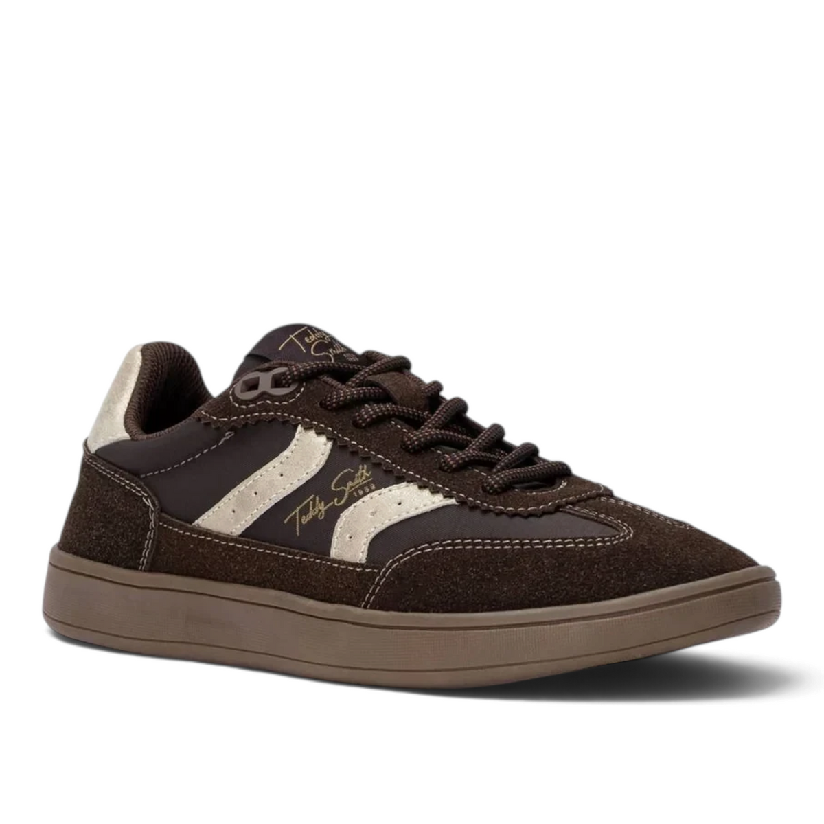 ShoeShop Teddy Smith brown suede and textile sneakers with gold logo detailing and flat laces