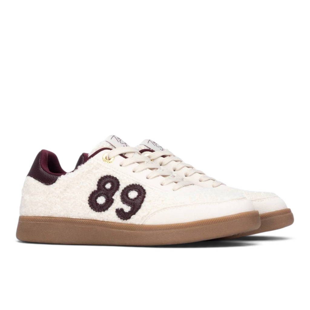 ShoeShop Teddy Smith 121142 sneakers in cream sherpa fleece with dark burgundy accents and number 89 detail