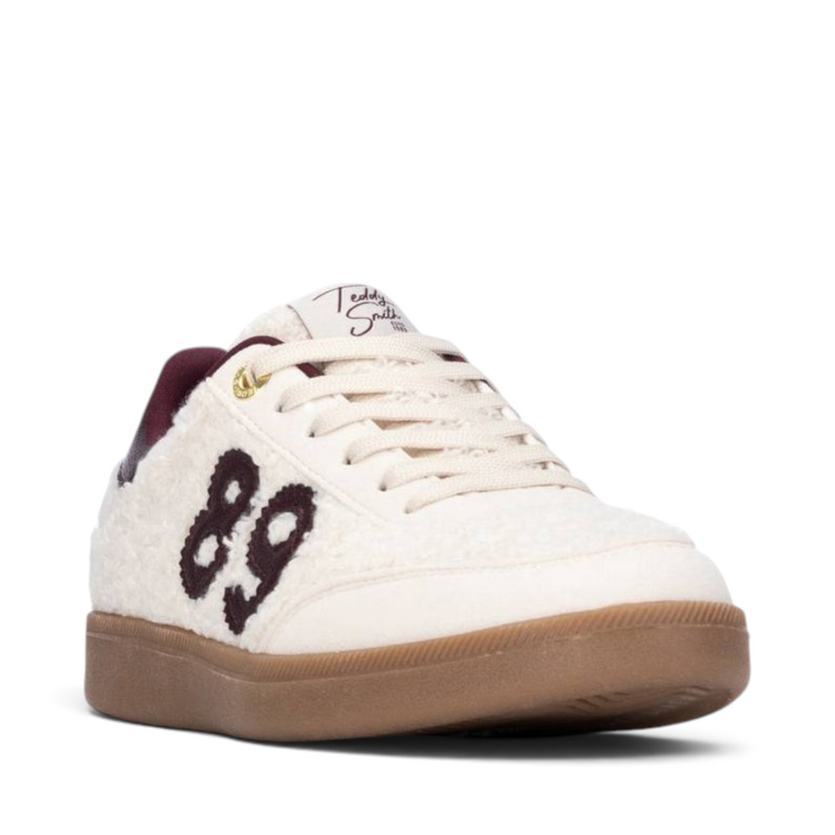 ShoeShop Teddy Smith 121142 cream sherpa sneakers with burgundy 89 embroidery and gum rubber sole