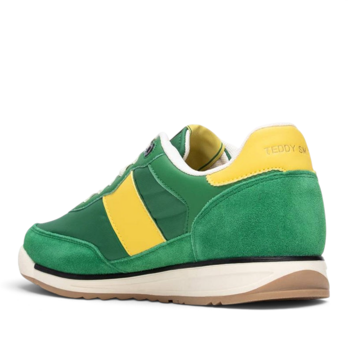 ShoeShop Teddy Smith green and yellow suede and textile sneakers with a rubber sole, rear view.