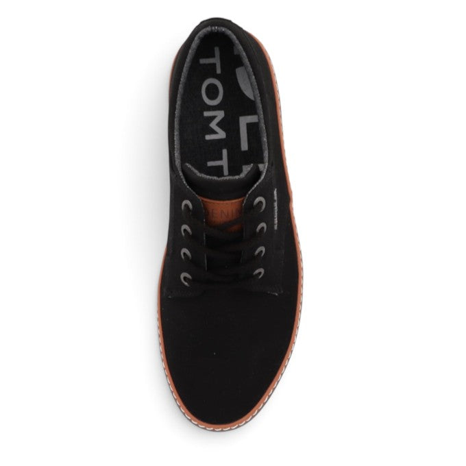 ShoeShop Tom Tailor black casual lace-up sneaker with brown leather tongue detail and white stitched sole