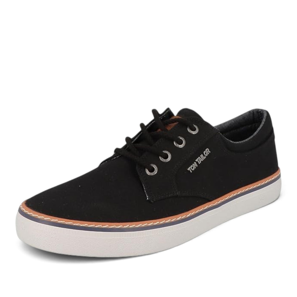 ShoeShop Tom Tailor black casual lace-up sneakers with a white rubber sole and contrast stitching detail