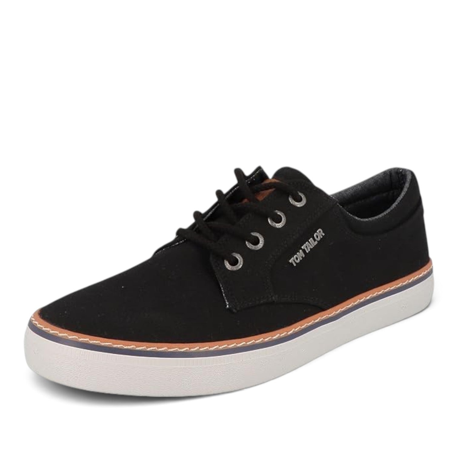 ShoeShop Tom Tailor black casual lace-up sneakers with a white rubber sole and contrast stitching detail