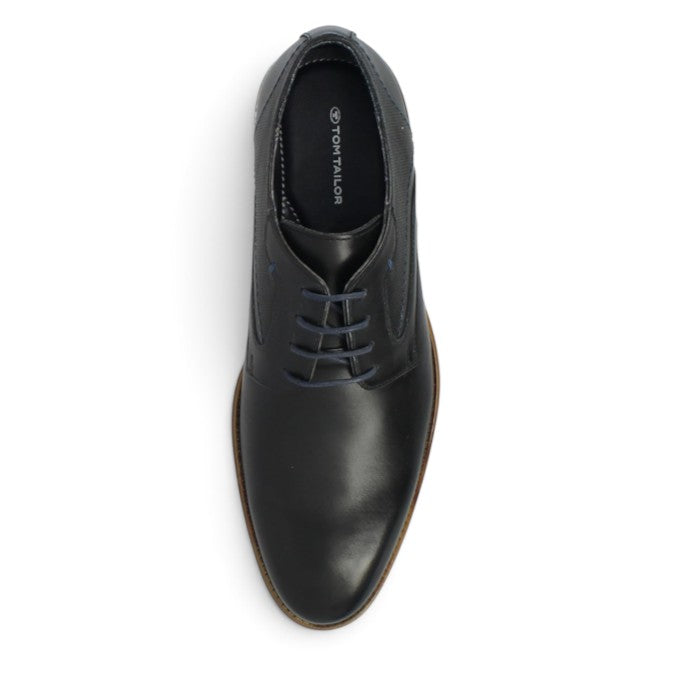 ShoeShop Tom Tailor black leather lace-up dress shoe with textured side panels and blue laces