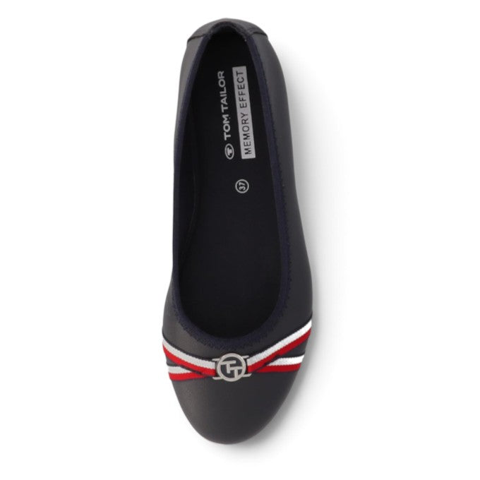 ShoeShop Tom Tailor navy blue ballet flats with a red and white striped bow detail and memory foam insole