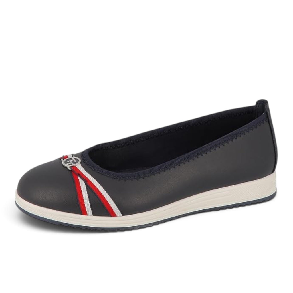 ShoeShop Tom Tailor navy blue ballet flats with a red and white striped bow detail and a white rubber sole.