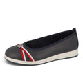 ShoeShop Tom Tailor navy blue ballet flats with a red and white striped bow detail and a white rubber sole.
