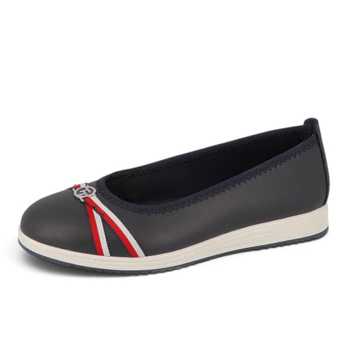 ShoeShop Tom Tailor navy blue ballet flats with a red and white striped bow detail and a white rubber sole.