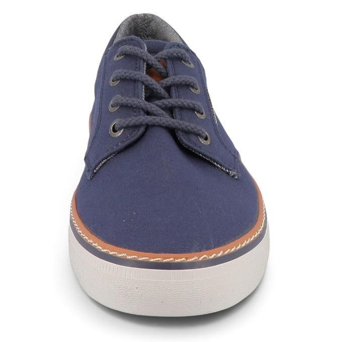 ShoeShop Tom Tailor navy blue canvas lace-up sneakers with a white rubber sole and brown trim detail