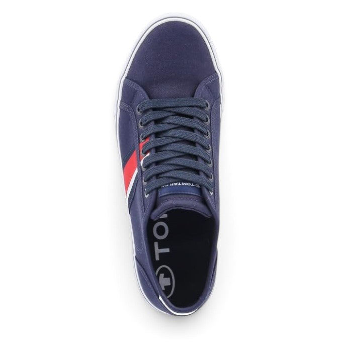 ShoeShop Tom Tailor navy blue canvas sneakers with red and white side stripes and lace-up closure