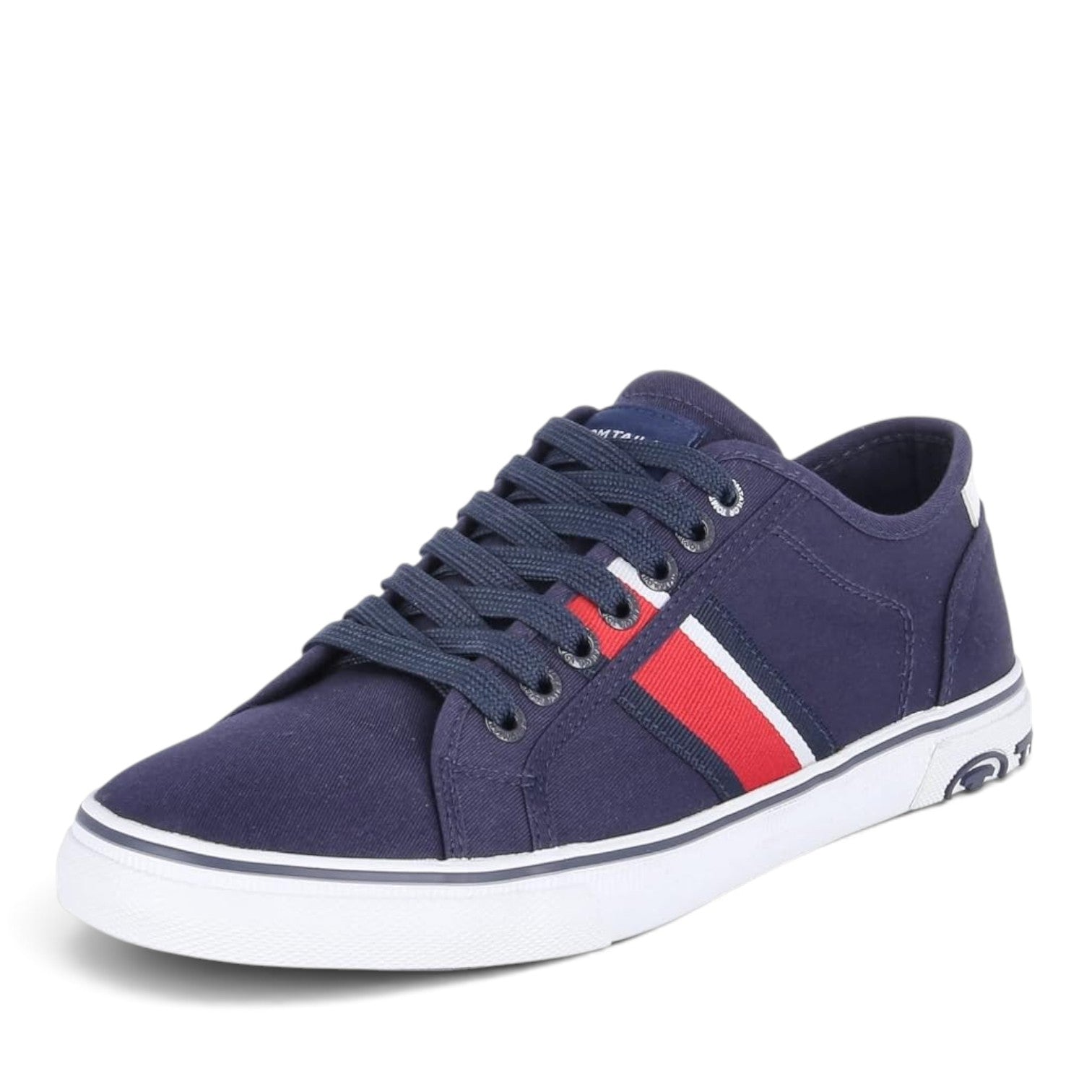 ShoeShop Tom Tailor navy blue canvas sneakers with red and white side stripe detail and white rubber sole