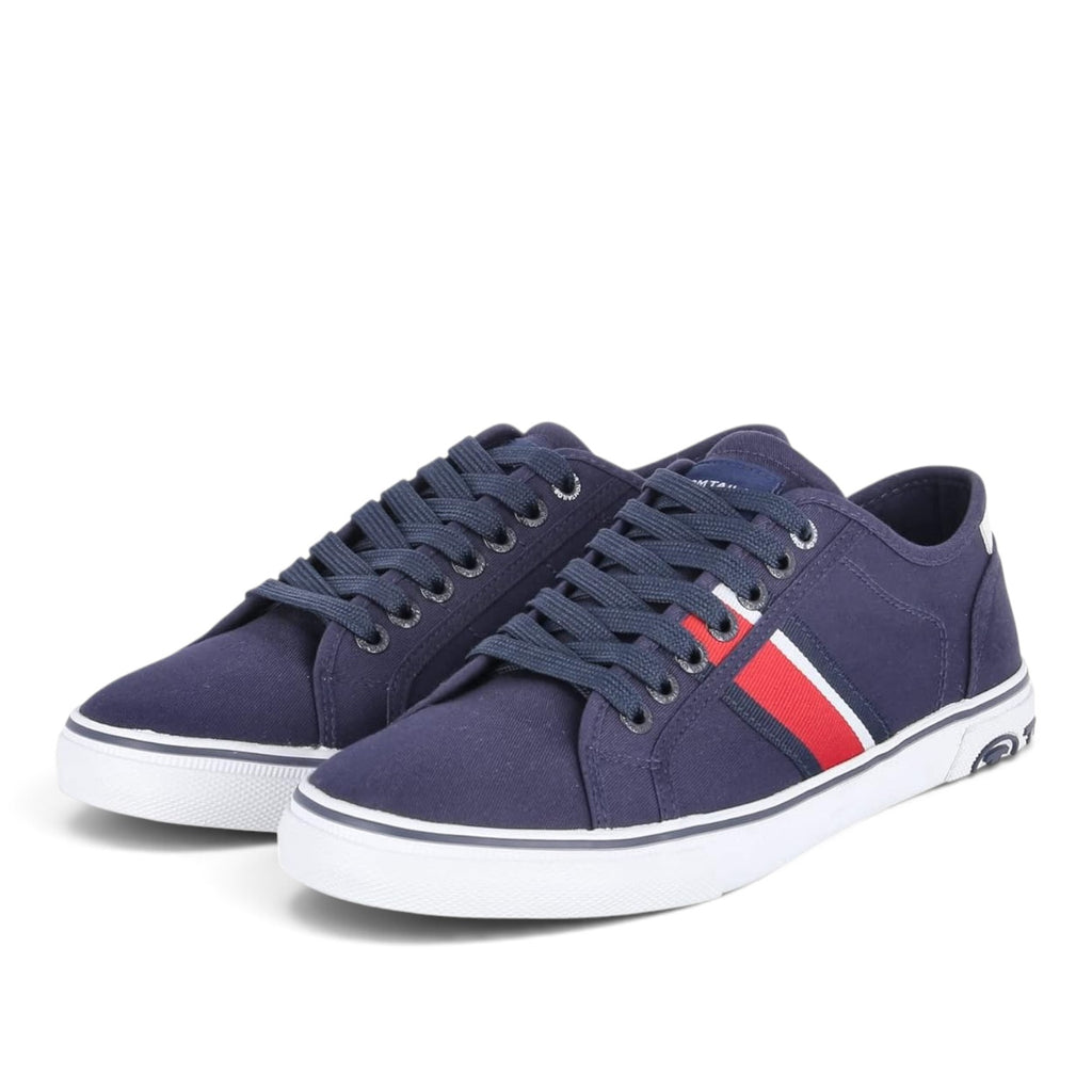ShoeShop Tom Tailor navy blue canvas sneakers with red and white side stripe detail and white rubber soles