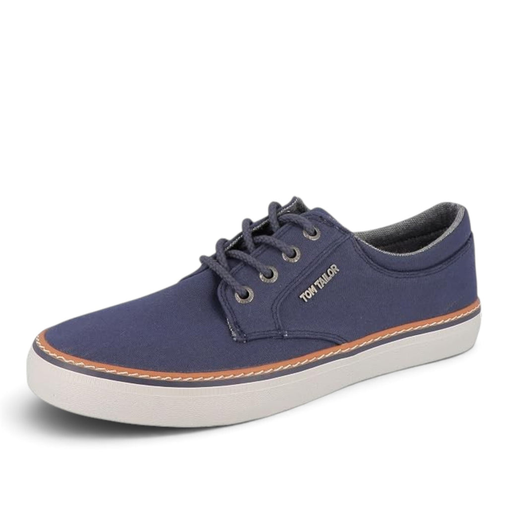ShoeShop Tom Tailor navy blue canvas lace-up sneakers with white rubber sole and contrast stitching