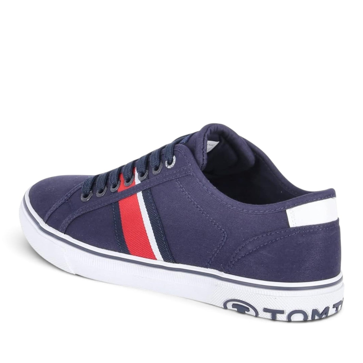 ShoeShop Tom Tailor navy blue canvas sneakers with red and white side stripe detail and white rubber sole