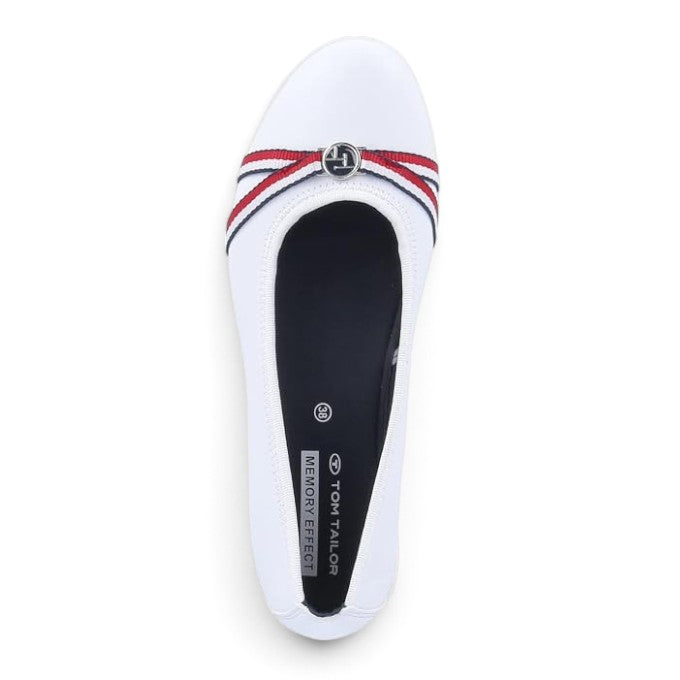 ShoeShop Tom Tailor white ballet flats with red and navy striped ribbon detail and memory effect insole