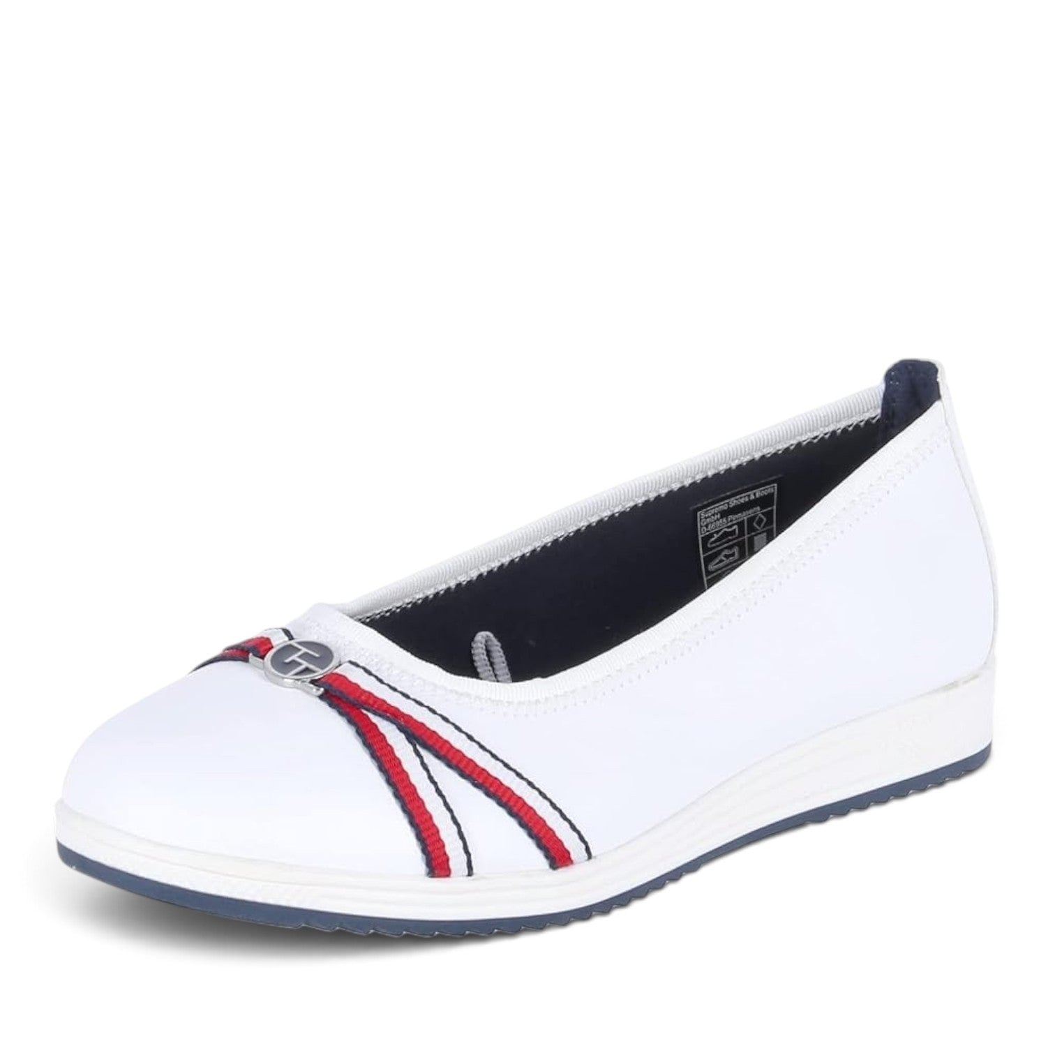 ShoeShop Tom Tailor white ballet flats with red and navy striped ribbon detail and silver logo emblem
