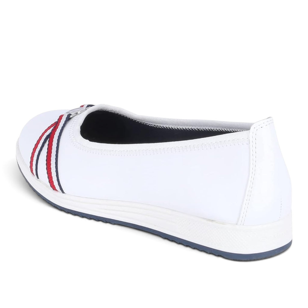 ShoeShop Tom Tailor white slip-on ballet flat with red and navy striped side detail and a comfortable rubber sole