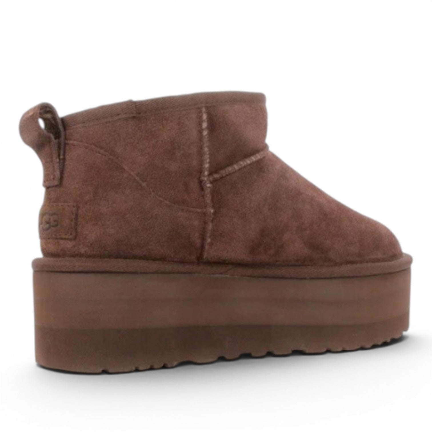 ShoeShop brown suede Classic Ultra Mini Platform UGG boots with a 5cm sugar cane EVA sole and recycled wool lining.