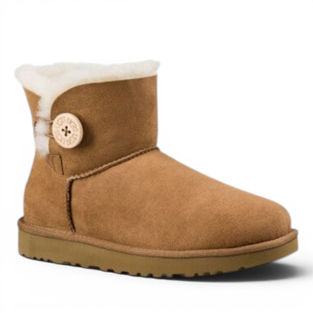 ShoeShop UGG Mini Bailey Button II tan suede sheepskin lined boots with wooden button detail.