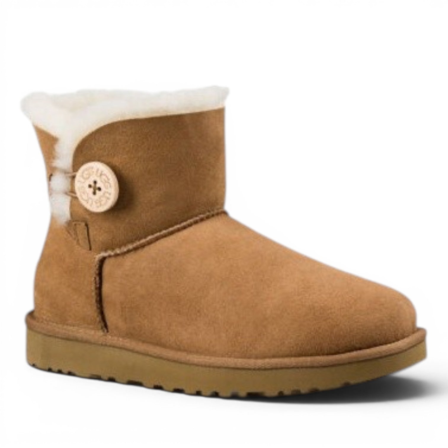 ShoeShop UGG Mini Bailey Button II tan suede sheepskin lined boots with wooden button detail.