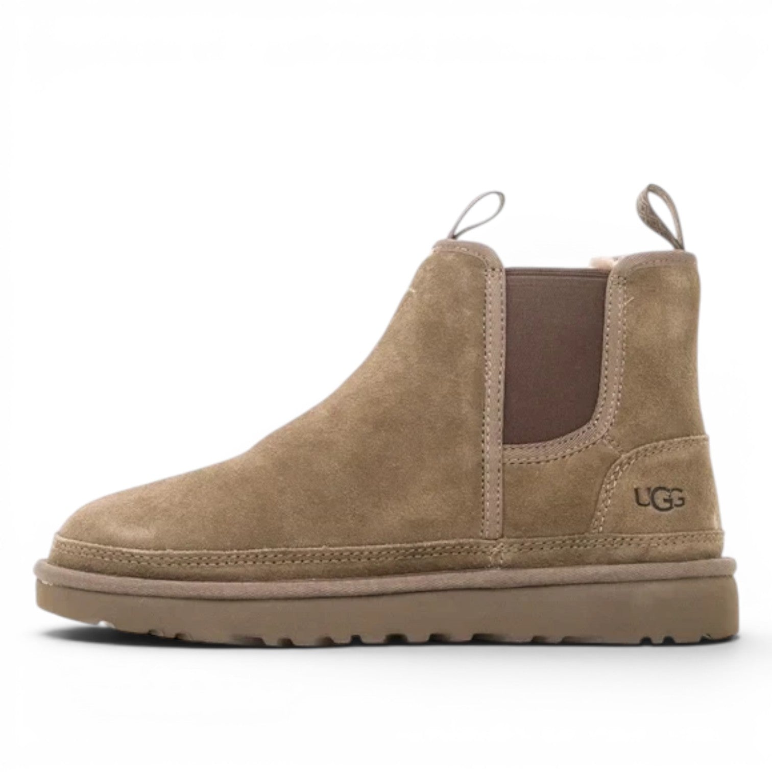 ShoeShop UGG Neumel Chelsea boots in taupe suede with elastic side panels and recycled wool lining.
