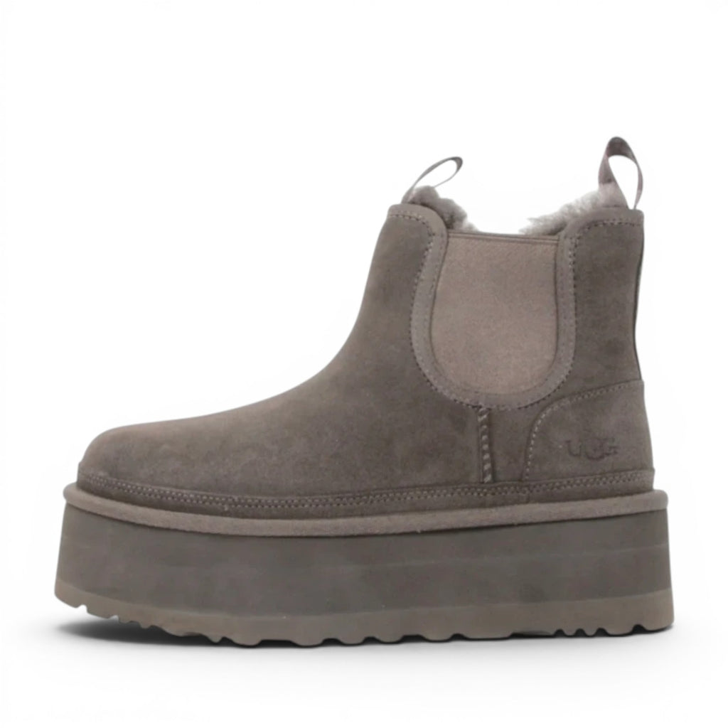 ShoeShop UGG Neumel Platform Chelsea boots in grey suede with a 5cm sugar cane EVA platform and recycled wool lining.