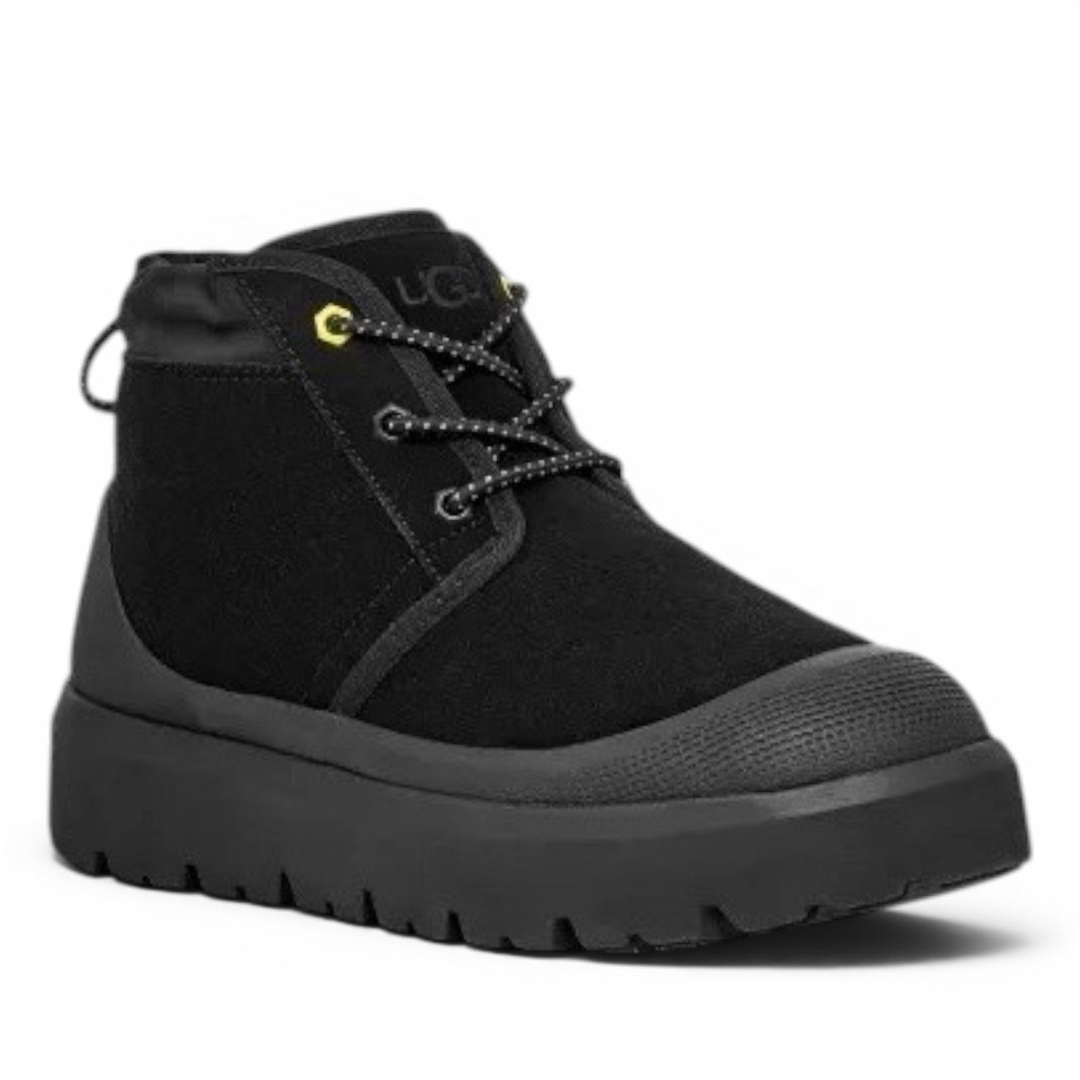 ShoeShop UGG Neumel Weather Hybrid black waterproof suede chukka boots with elastic laces and thick sole.