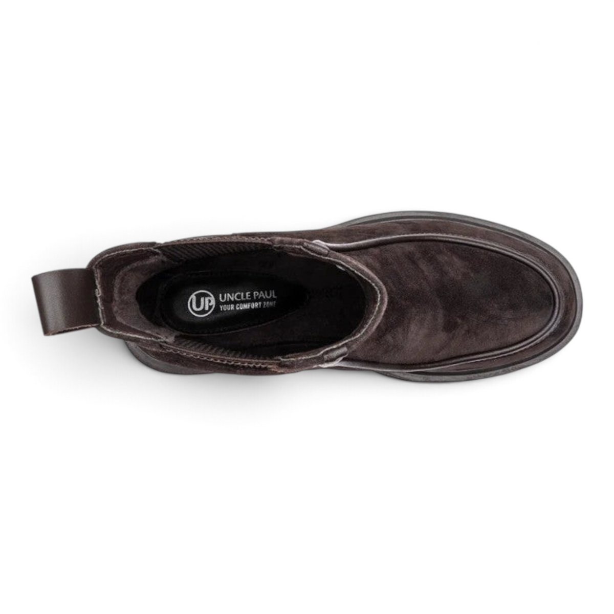 ShoeShop ULLA dark brown suede ankle boot viewed from above showing the interior comfort insole