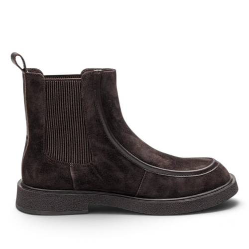 ShoeShop ULLA dark brown suede Chelsea boots with elastic side panels and a thick textured rubber sole