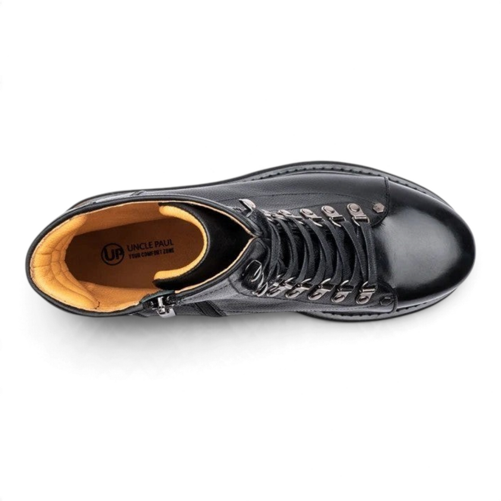 ShoeShop Uncle Paul Armand black leather lace-up boot with metal hooks and side zipper, top-down view.