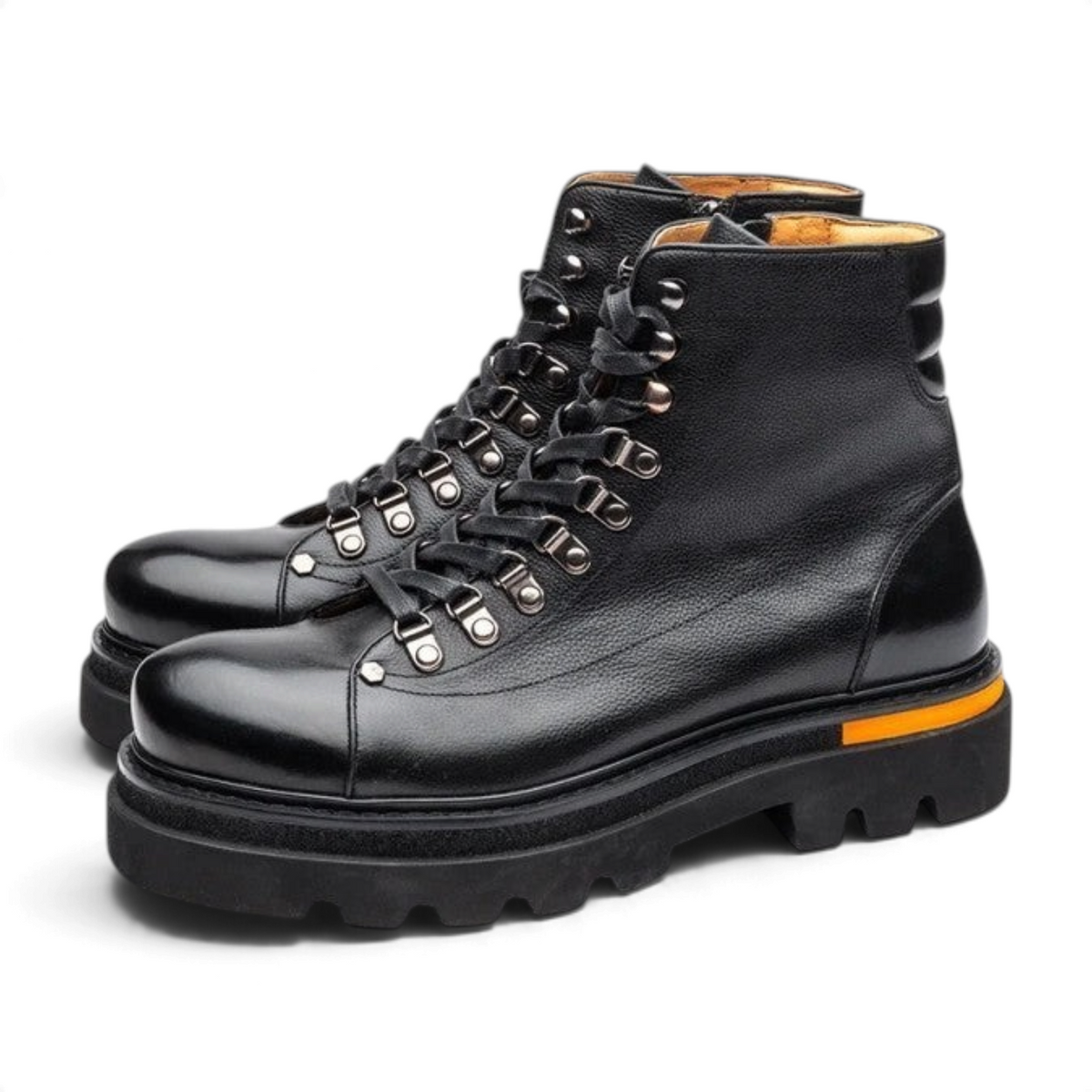 ShoeShop Uncle Paul Armand black leather boots with metal lace hooks, side zipper, and orange sole detail.