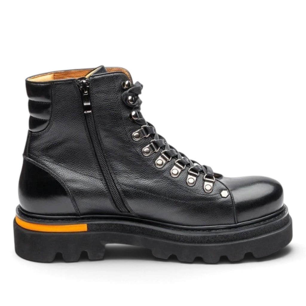 ShoeShop Uncle Paul ARMAND black leather hiking-style boots with side zipper, metal eyelets, and orange sole detail.