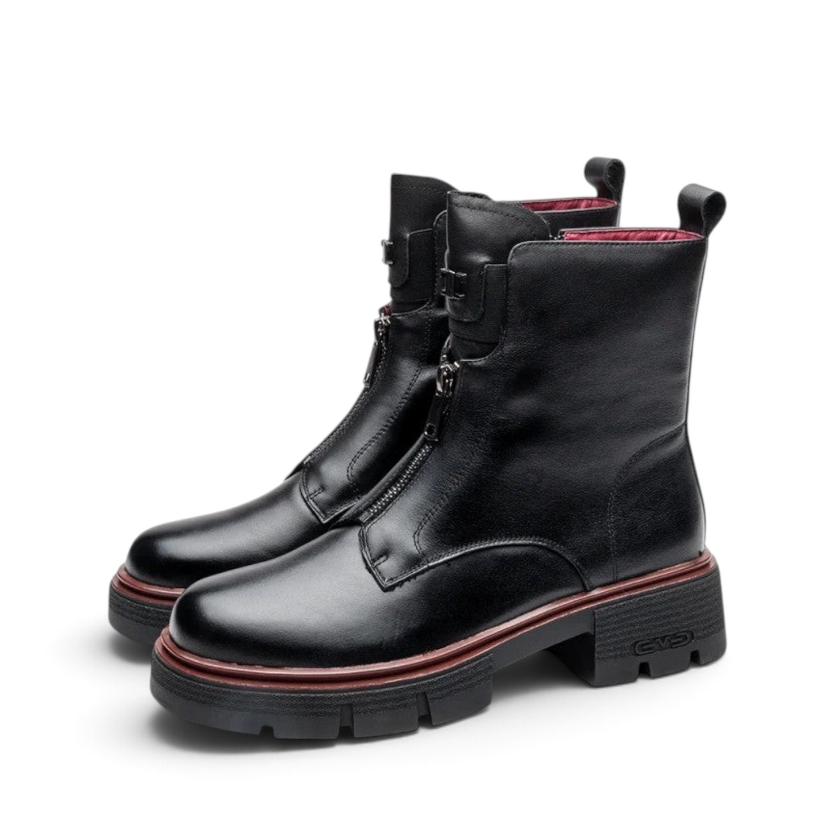 ShoeShop Uncle Paul Helju black leather ankle boots with front zipper, warm textile lining, and burgundy sole trim.