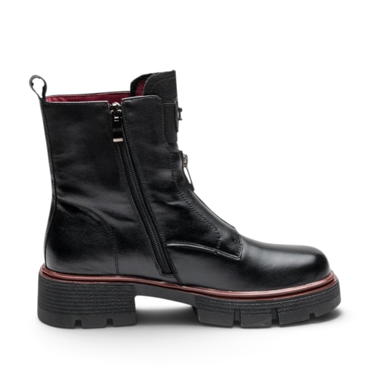 ShoeShop Uncle Paul Helju black leather ankle boots with front zipper, buckle detail, and burgundy rubber sole edge.