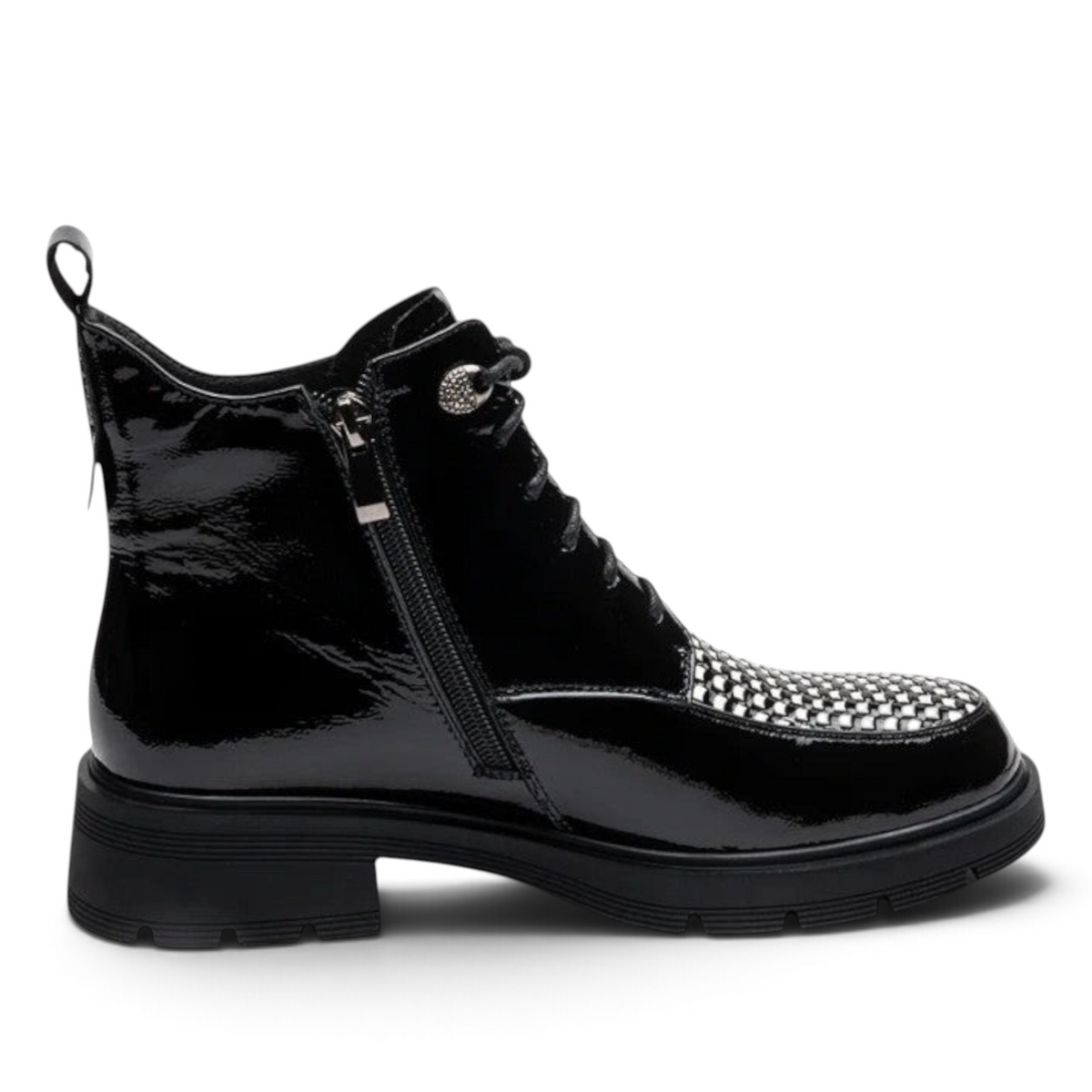 ShoeShop Uncle Paul Hirja black patent leather ankle boot with a white woven toe detail and side zipper.
