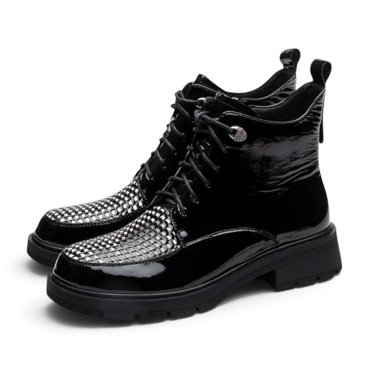 ShoeShop Uncle Paul Hirja black patent leather ankle boots with a woven black and white toe and lace-up closure.