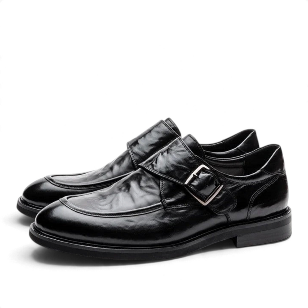 ShoeShop Uncle Paul Jorma black leather monk strap shoes with a silver buckle and comfortable rubber sole.