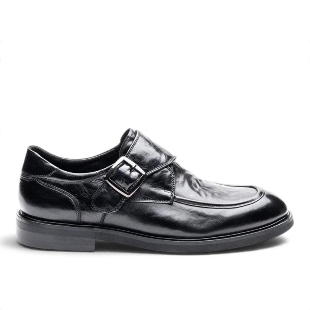 ShoeShop Jorma black leather monk strap shoe with a silver buckle and comfortable rubber sole