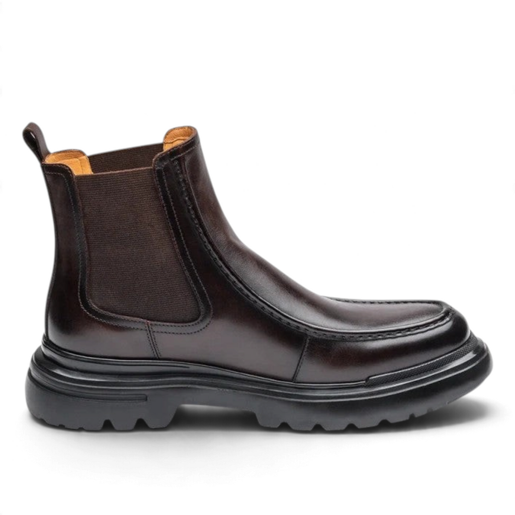 ShoeShop Uncle Paul KUUNO dark brown leather Chelsea boots with elastic side panels and a chunky rubber lug sole.