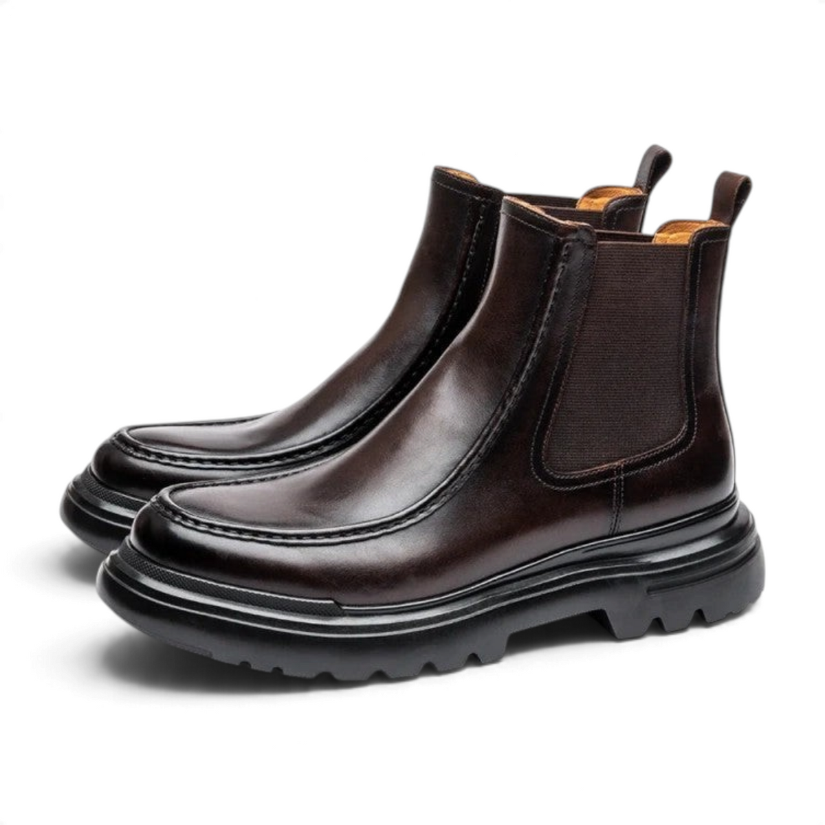 ShoeShop Uncle Paul KUUNO dark brown leather Chelsea boots with elastic side panels and a chunky rubber lug sole.