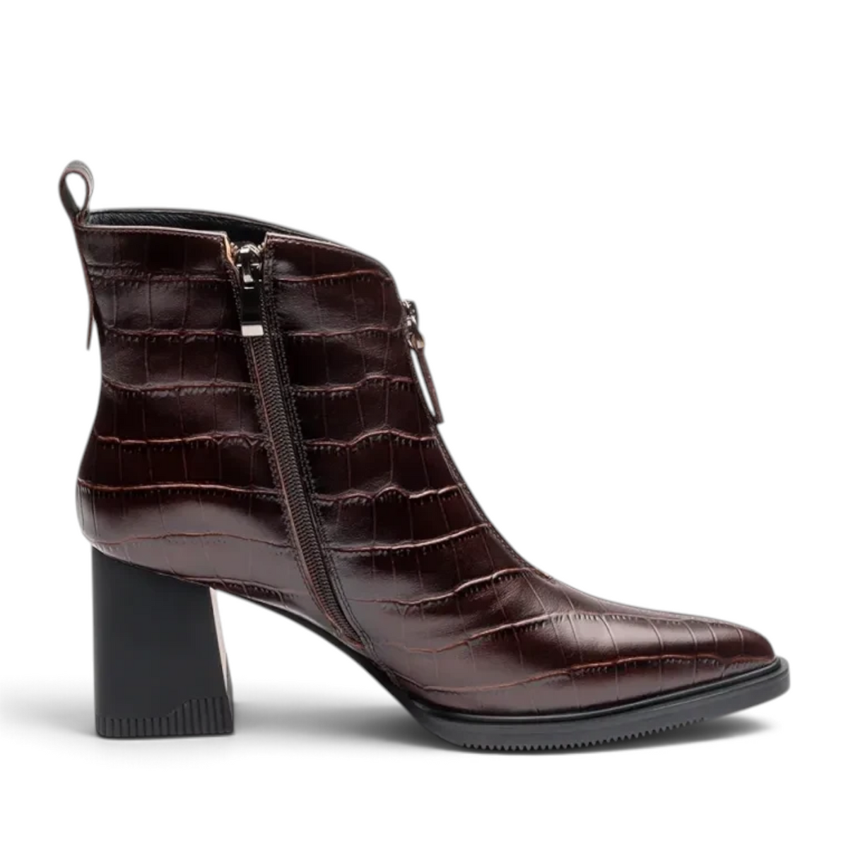 ShoeShop Uncle Paul Maila dark brown crocodile-embossed leather ankle boots with a 7cm block heel and front zipper.