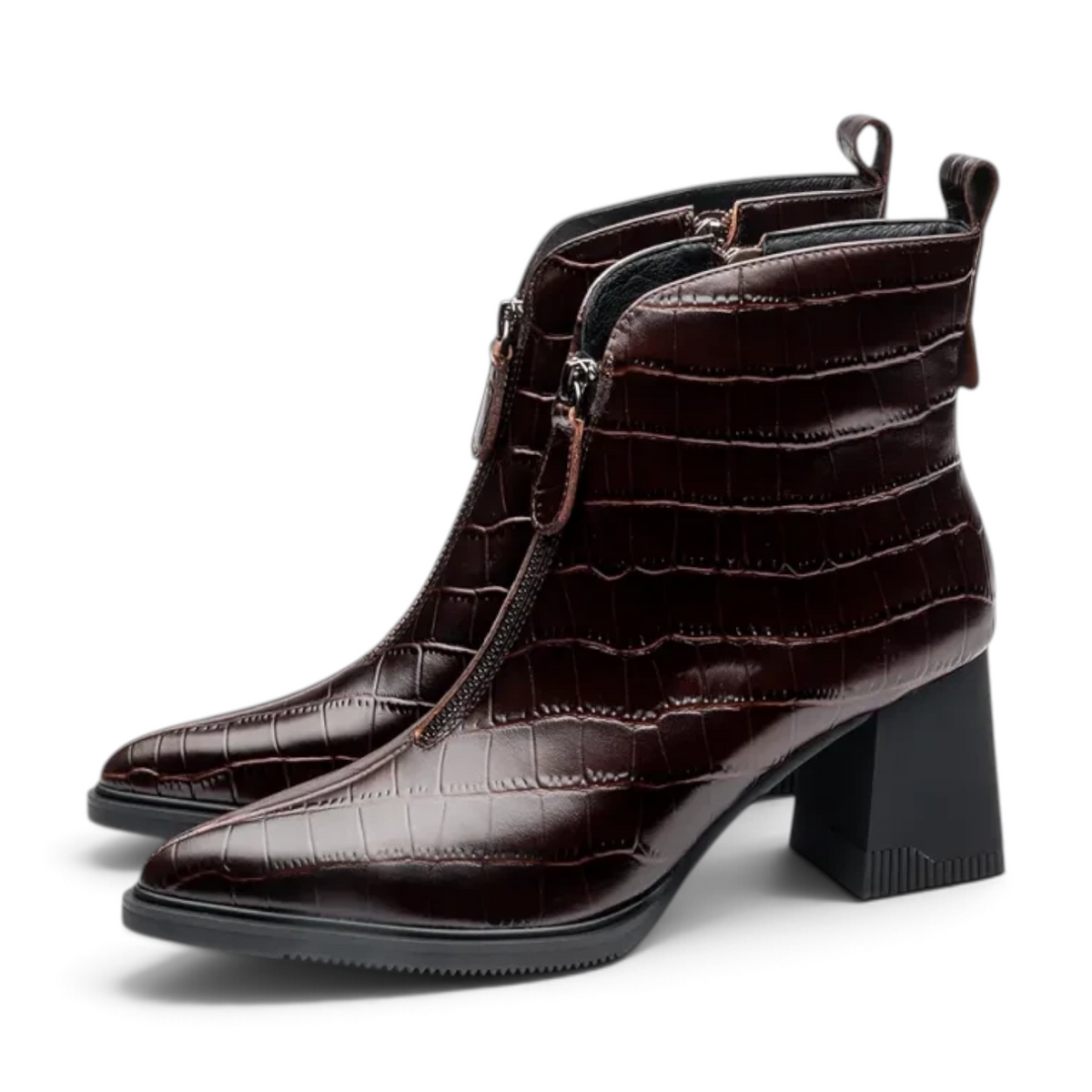 ShoeShop Uncle Paul Maila dark brown crocodile-embossed leather ankle boots with a front zipper and 7cm block heel.