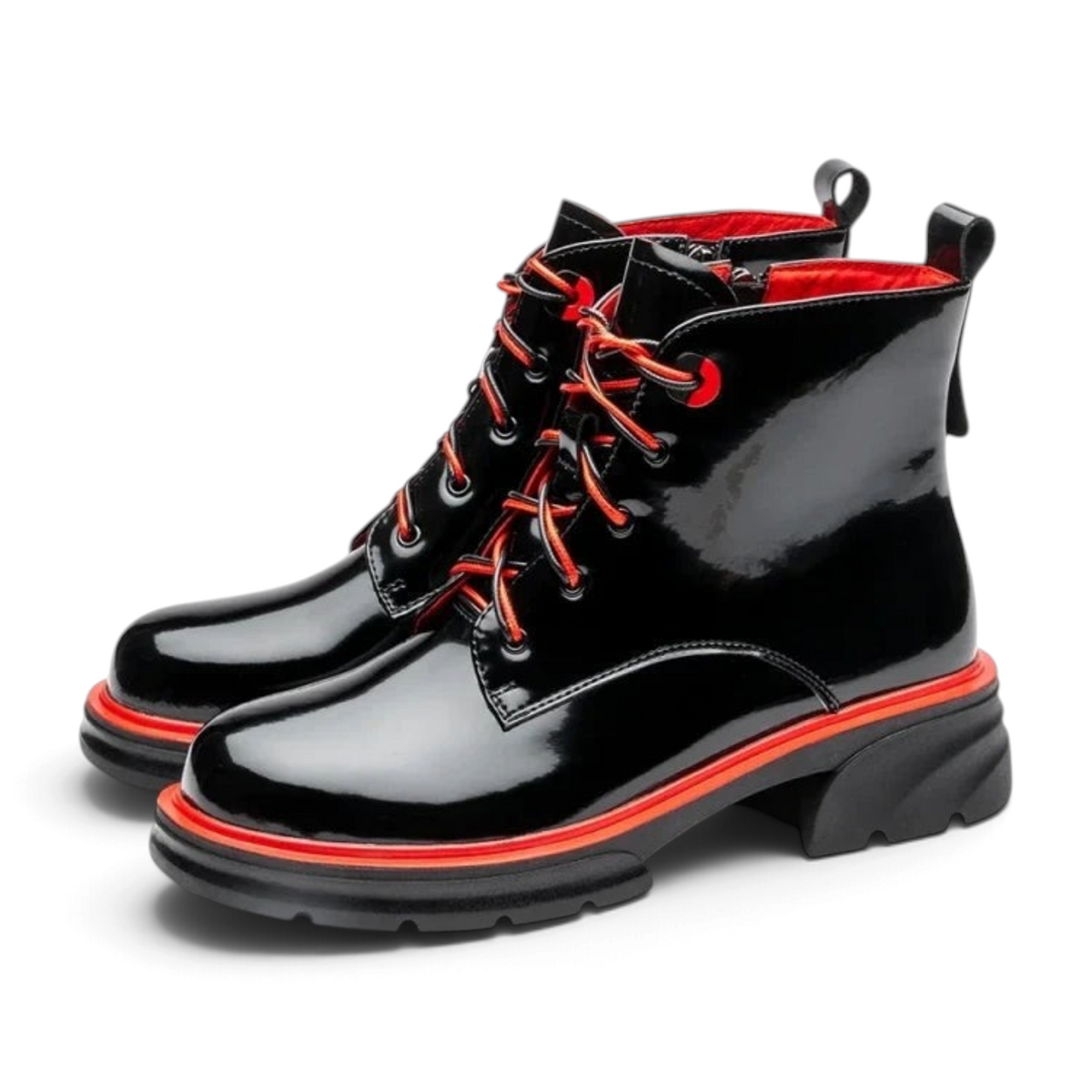 ShoeShop Uncle Paul MARIA black patent leather lace-up ankle boots with vibrant red accents and chunky rubber soles.