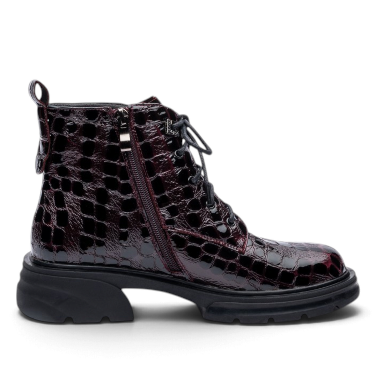 ShoeShop Uncle Paul MARIA women's dark burgundy patent leather lace-up ankle boots with a chunky lug sole.